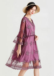 Fine Purple Tulle Embroideried Patchwork Spring Flare Sleeve Dress - bagstylebliss