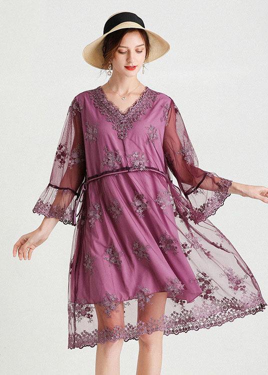 Fine Purple Tulle Embroideried Patchwork Spring Flare Sleeve Dress - bagstylebliss