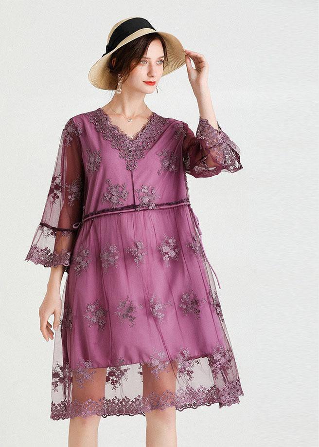 Fine Purple Tulle Embroideried Patchwork Spring Flare Sleeve Dress - bagstylebliss