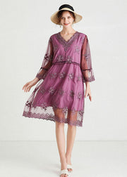 Fine Purple Tulle Embroideried Patchwork Spring Flare Sleeve Dress - bagstylebliss