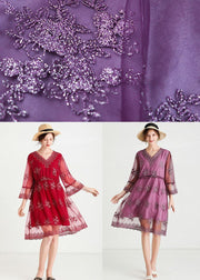 Fine Purple Tulle Embroideried Patchwork Spring Flare Sleeve Dress - bagstylebliss