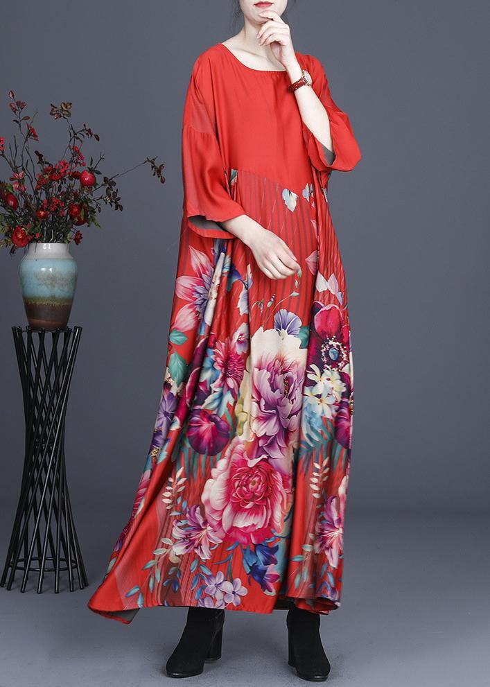 Fine Red Print O-Neck long Silk Dress Summer - bagstylebliss