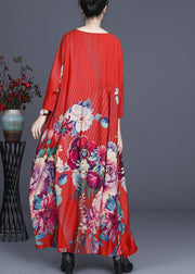Fine Red Print O-Neck long Silk Dress Summer - bagstylebliss