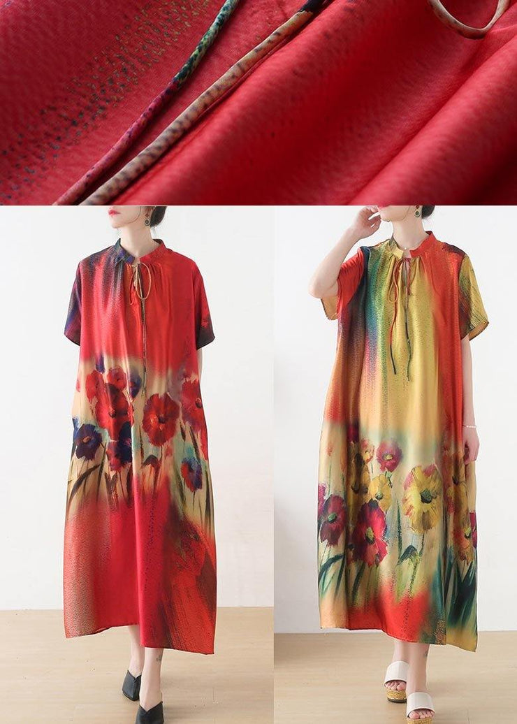 Fine Red Print Short Sleeve Holiday Summer Chiffon Dress - bagstylebliss