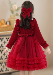 Fine Red Ruffled Patchwork Tulle Baby Girls Princess Dress Fall