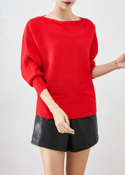 Fine Red Slash Neck Oversized Knit Sweater Tops Batwing Sleeve