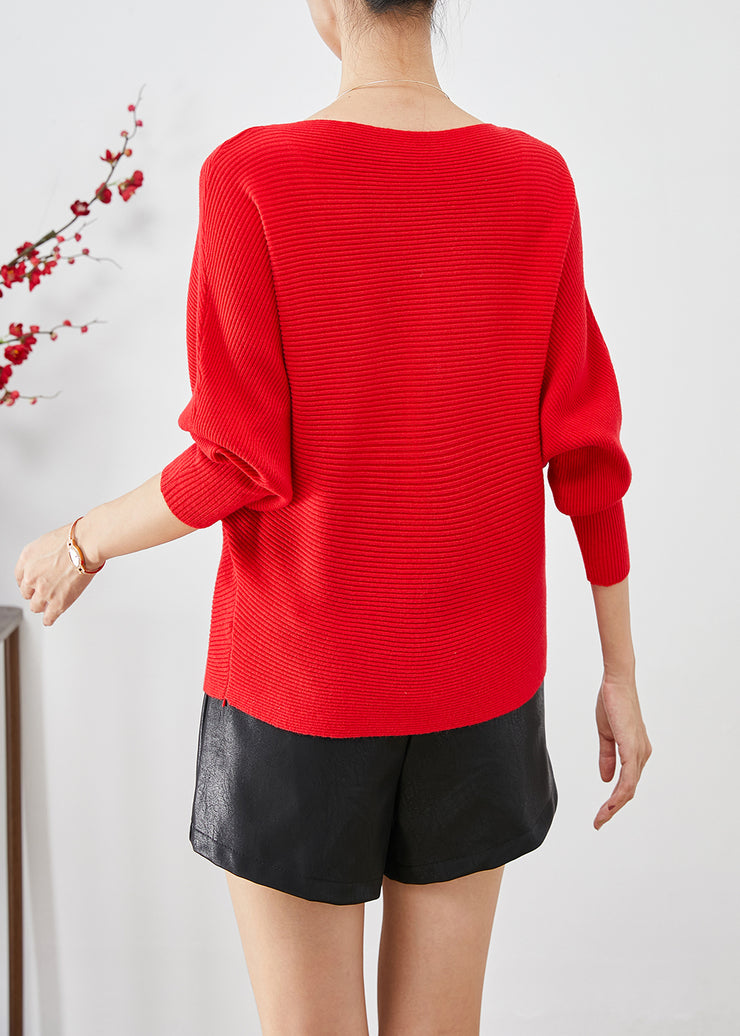 Fine Red Slash Neck Oversized Knit Sweater Tops Batwing Sleeve