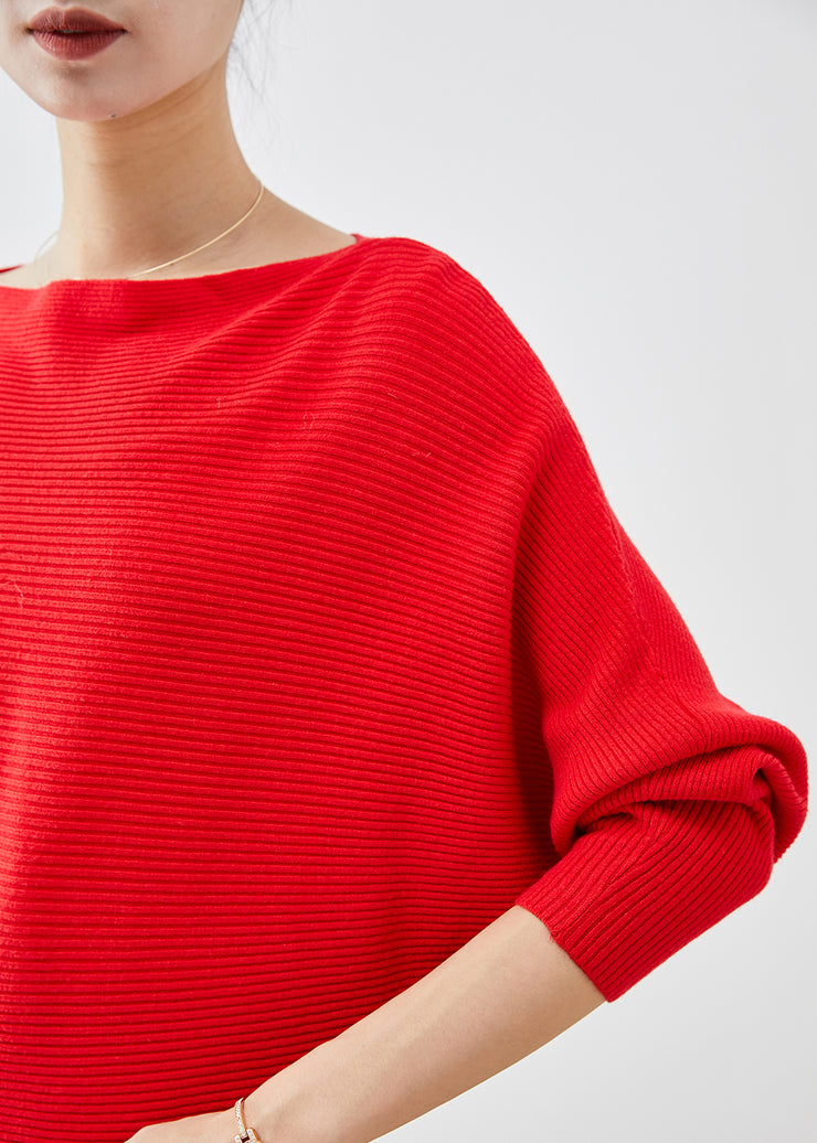 Fine Red Slash Neck Oversized Knit Sweater Tops Batwing Sleeve