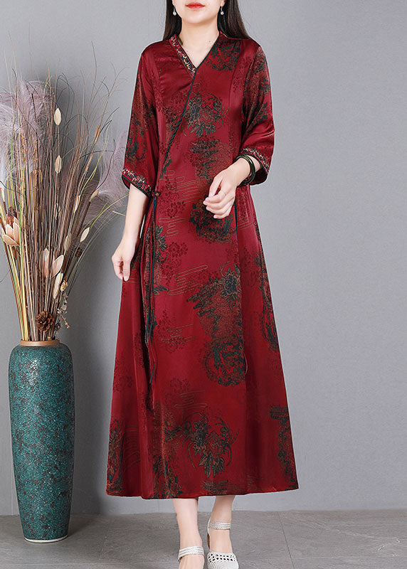 Fine Red V Neck Embroideried Asymmetrical Design Print Silk Vacation Dresses Half Sleeve