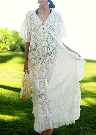 Fine White Patchwork Chiffon kimono Robe Lace Dress - bagstylebliss