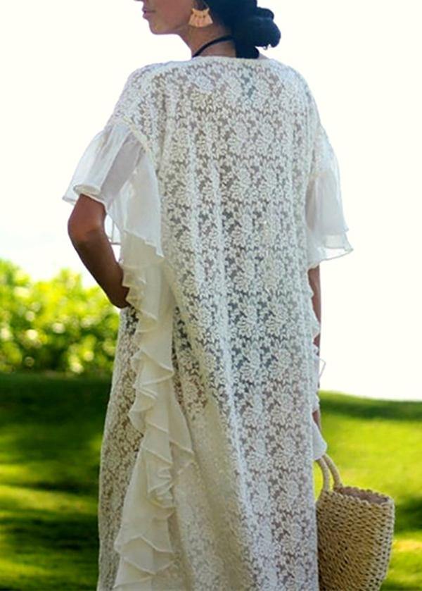 Fine White Patchwork Chiffon kimono Robe Lace Dress - bagstylebliss