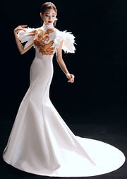 Fine White Turtleneck Embroidered Slim Silk Mopping Fishtail Long Vestidos Summer