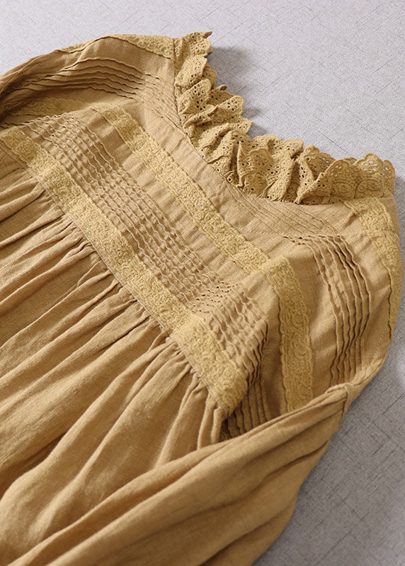 Fine Yellow Embroidered Patchwork Linen Long Dress Spring