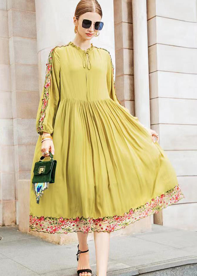 Fine Yellow Ruffled Embroidered Wrinkled Patchwork Chiffon Dress Fall