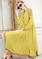 Fine Yellow Ruffled Embroidered Wrinkled Patchwork Chiffon Dress Fall