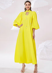 Fine Yellow Stand Collar Zircon Holiday Chiffon Maxi Dress Lantern Sleeve