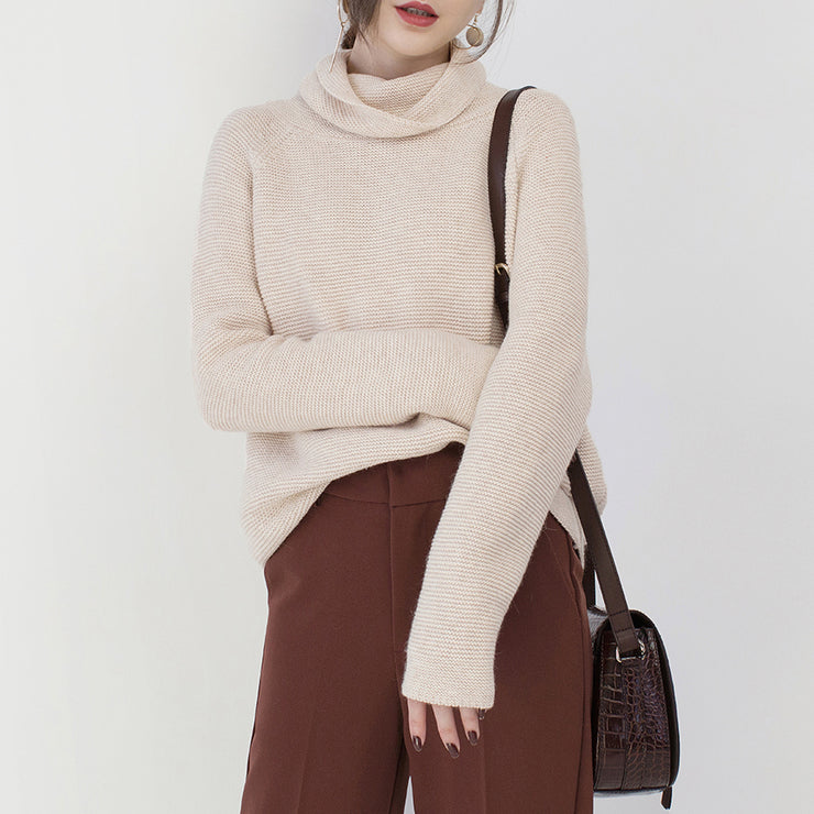 Feiner beige Pullover plus Größenkleidung hochgeschlossene Strickblusen 2018 Baggy Winterhemd