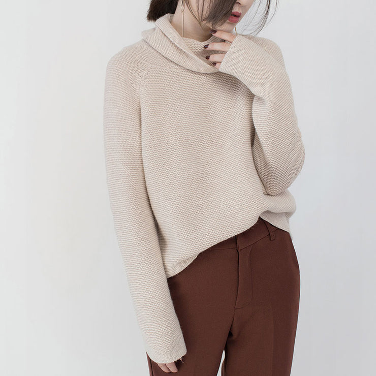 Feiner beige Pullover plus Größenkleidung hochgeschlossene Strickblusen 2018 Baggy Winterhemd