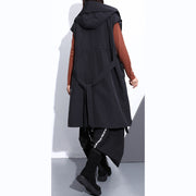 Fine black cotton blended tops plus size hooded tie waist clothing tops Elegant Sleeveless coats