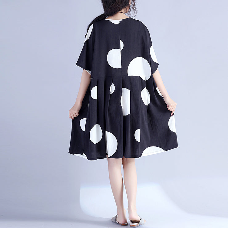 Fine black dotted pure cotton dress oversized cotton maxi dress casual o neck high waist knee dresses