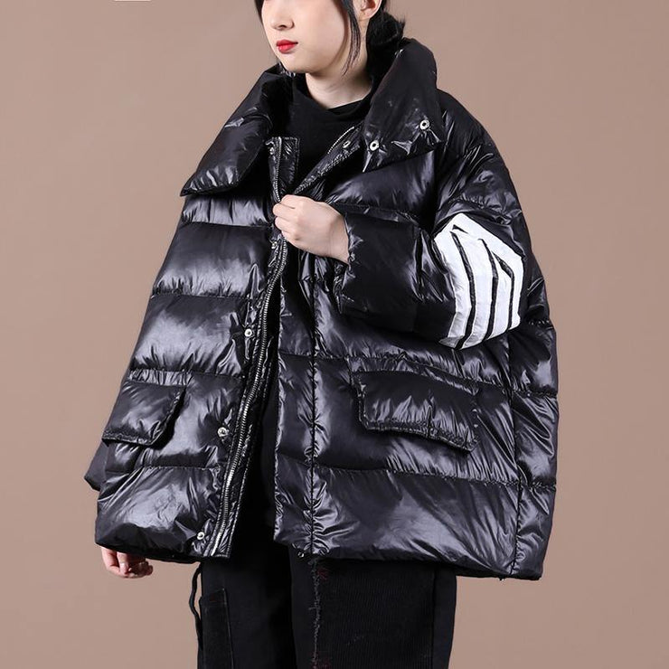 Fine black duck down coat womens parka stand collar zippered New winter outwear - bagstylebliss
