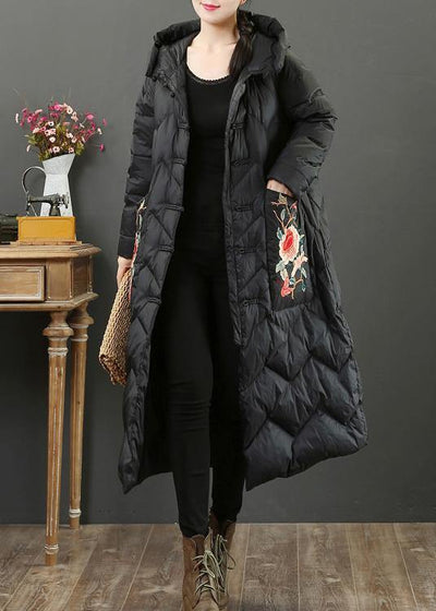 Fine black embroidery goose Down coat oversize down jacket hooded Fine Jackets - bagstylebliss