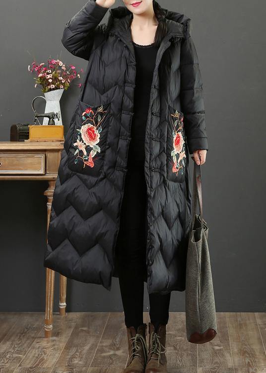 Fine black embroidery goose Down coat oversize down jacket hooded Fine Jackets - bagstylebliss