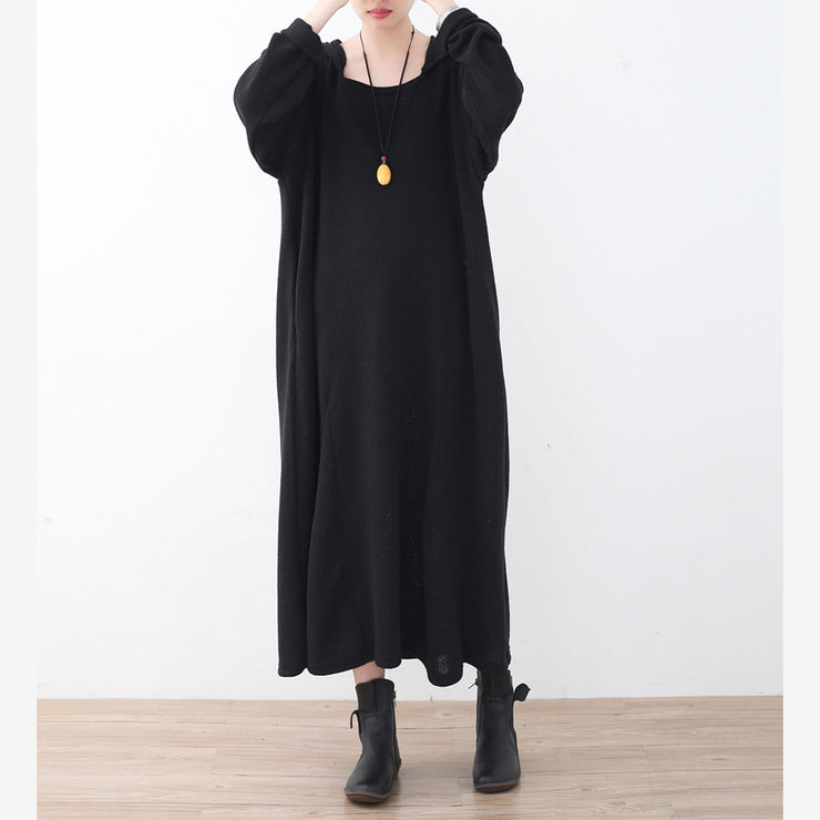 Fine black linen dress plussize V neck linen gown vintage hooded caftans