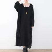 Fine black linen dress plussize V neck linen gown vintage hooded caftans