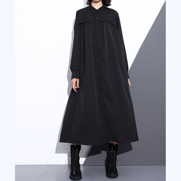 Fine black long silk cotton blended dress oversized stand collar traveling dress vintage pockets Cinched dresses