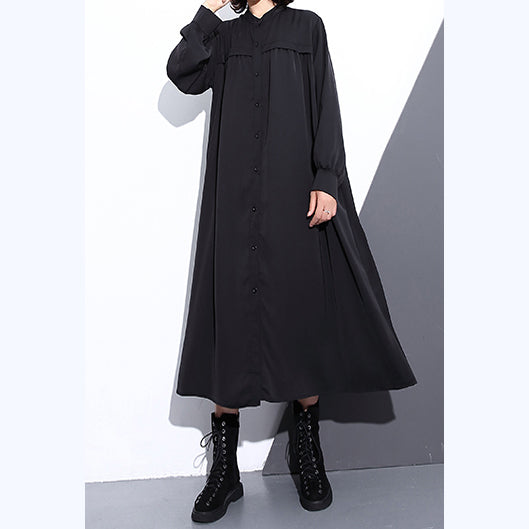 Fine black long silk cotton blended dress oversized stand collar traveling dress vintage pockets Cinched dresses