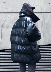 Fine black outwear plus size down jacket high neck zippered overcoat - bagstylebliss