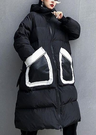 Fine black print Parkas for women Loose fitting winter jacket hooded patchwork overcoat - bagstylebliss