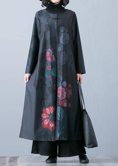 Fine black prints overcoat trendy plus size long jackets fall trench coats Chinese Button - bagstylebliss