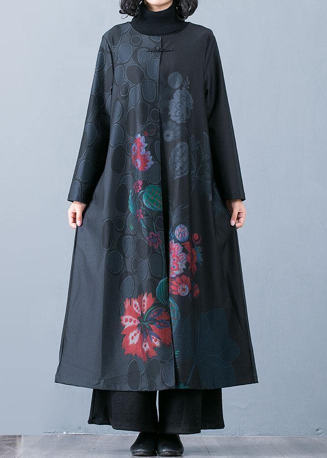 Fine black prints overcoat trendy plus size long jackets fall trench coats Chinese Button - bagstylebliss