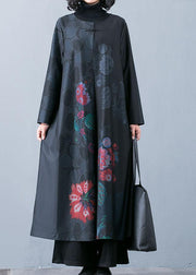 Fine black prints overcoat trendy plus size long jackets fall trench coats Chinese Button - bagstylebliss