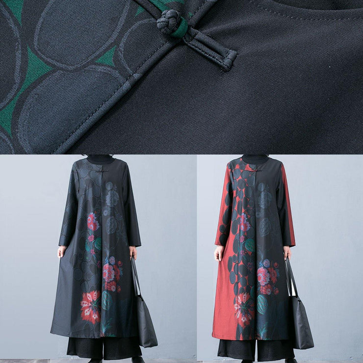 Fine black prints overcoat trendy plus size long jackets fall trench coats Chinese Button - bagstylebliss