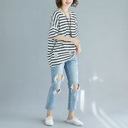 Fine black pure cotton tops plus size clothing blouses Elegant striped v neck cotton clothing tops