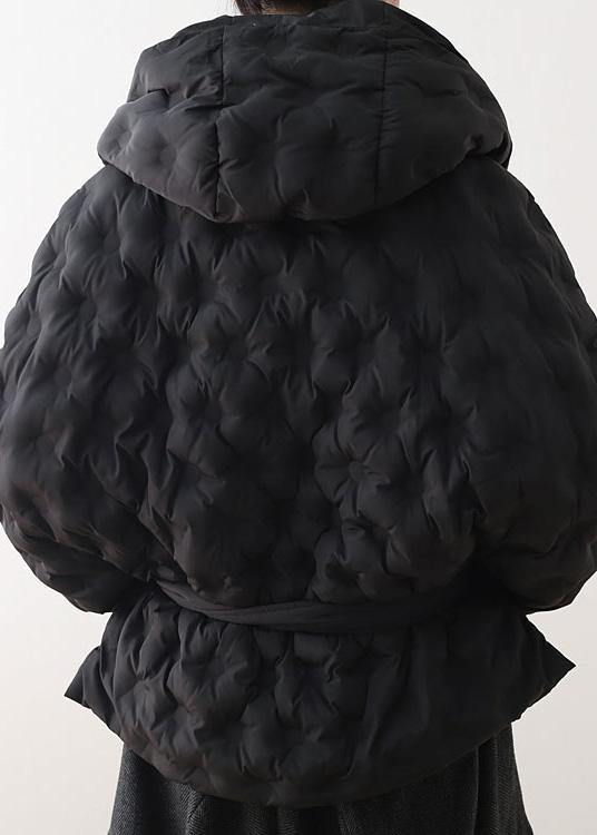 Fine black shortgoose Down coat oversize hooded womens parka tie waistWarm Jackets - bagstylebliss