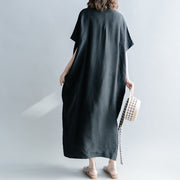 Fine black silk linen dresses oversize Stand baggy dresses caftans casual short sleeve patchwork gown