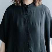 Fine black silk linen dresses oversize Stand baggy dresses caftans casual short sleeve patchwork gown