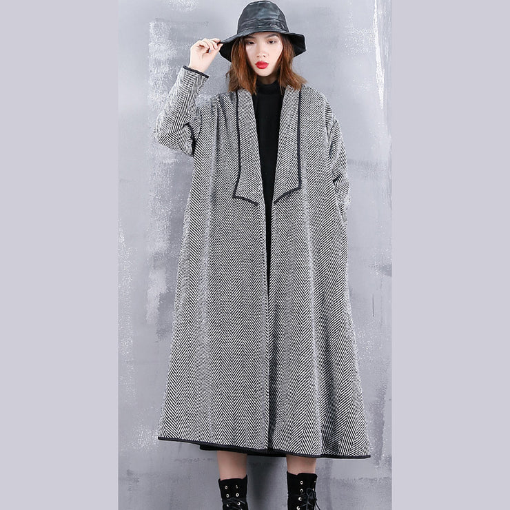 Fine black striped Coats casual turn-down Collar outwear fine pockets long coats