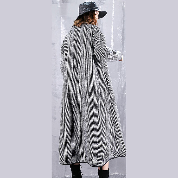 Fine black striped Coats casual turn-down Collar outwear fine pockets long coats