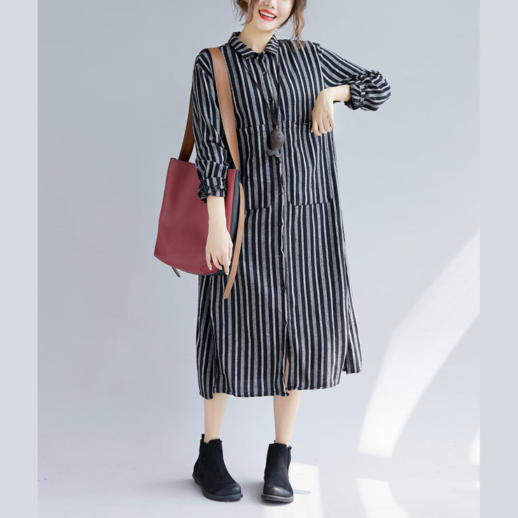 Fine black striped natural cotton linen shirt dress plus size Turn-down Collar side open Fine long sleeve pockets maxi shirt dresses