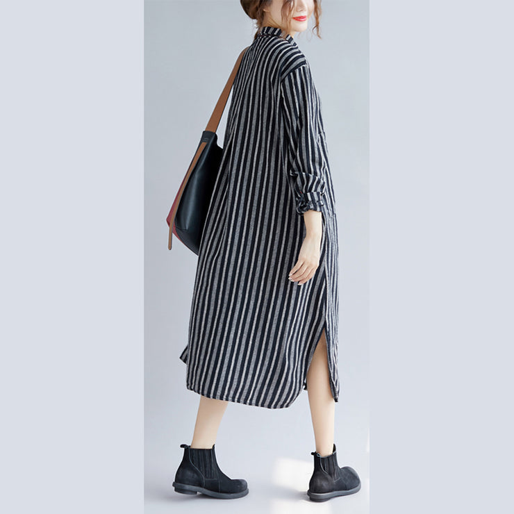 Fine black striped natural cotton linen shirt dress plus size Turn-down Collar side open Fine long sleeve pockets maxi shirt dresses