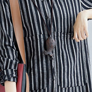 Fine black striped natural cotton linen shirt dress plus size Turn-down Collar side open Fine long sleeve pockets maxi shirt dresses