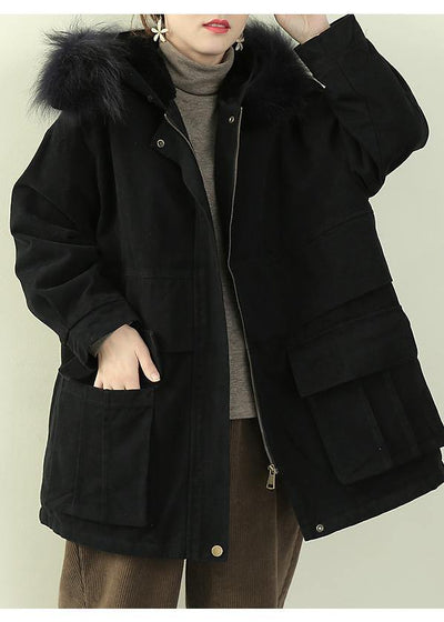 Fine black thick overcoat plus size down jacket faux fur collar winter coats - bagstylebliss