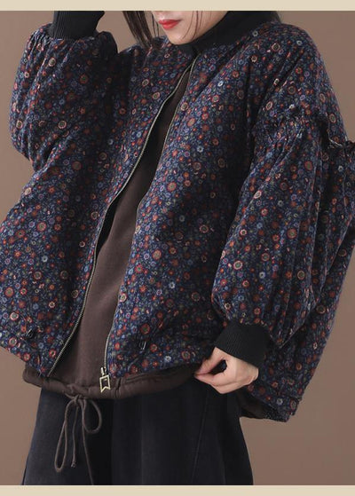 Fine blue floral coats for women Loose fitting winter jacket zippered outwear patchwork o neck - bagstylebliss