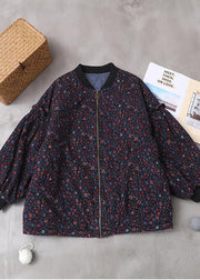 Fine blue floral coats for women Loose fitting winter jacket zippered outwear patchwork o neck - bagstylebliss