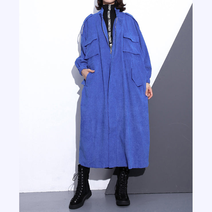 Feiner blauer langer Mantel plus Größe Stand Trenchcoat mit Reißverschluss Boutique Langarmtaschen Baggy Long Coats